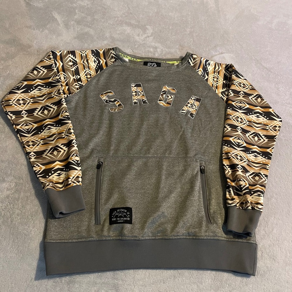 Saga Outerwear Mens Large Saga-Tek Riding‎ Pullover Gray Aztec Print Thumbholes